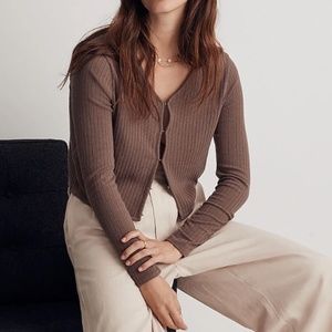 MADEWELL Ribbed Crop Cardigan, Brown, Size Medium